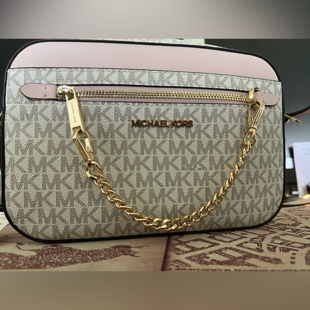 Brand new blush Michael Kors cross body with chain accent